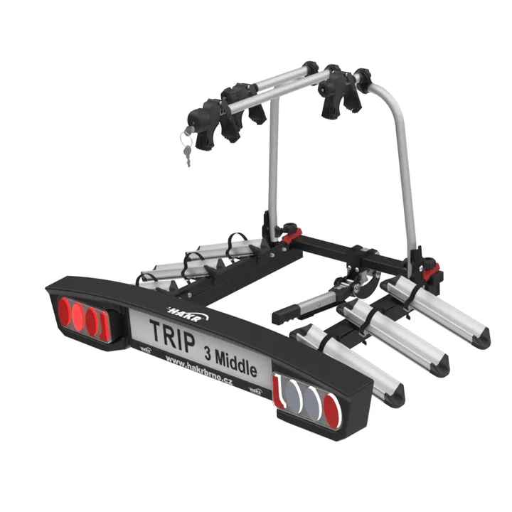 Nosič kol Hakr Trip 3 Top Plus pro tři kola, montáž na tažné zařízení, černá a stříbrná barva, zadní světla